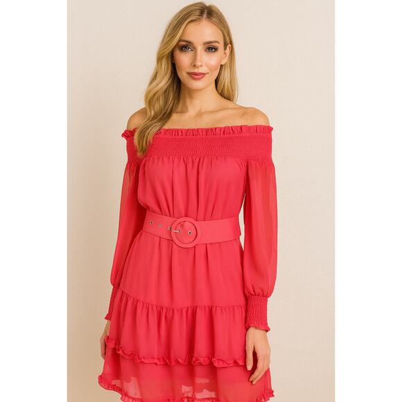 BCBGeneration Dresses & Skirts - NWT BCBGeneration Pink Ruffle Off the Shoulder Dress Size 6